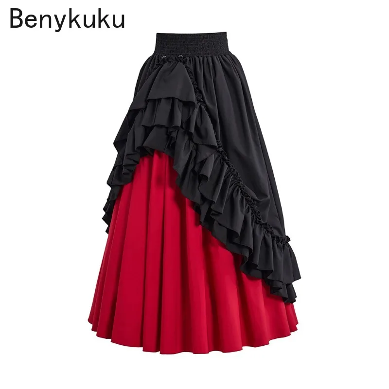 

Victorian Medieval Halloween Punk Skirt for Women 2025 Vintage Retro High Waist Stretchable Midi A-line Ruffles Gothic Skirts