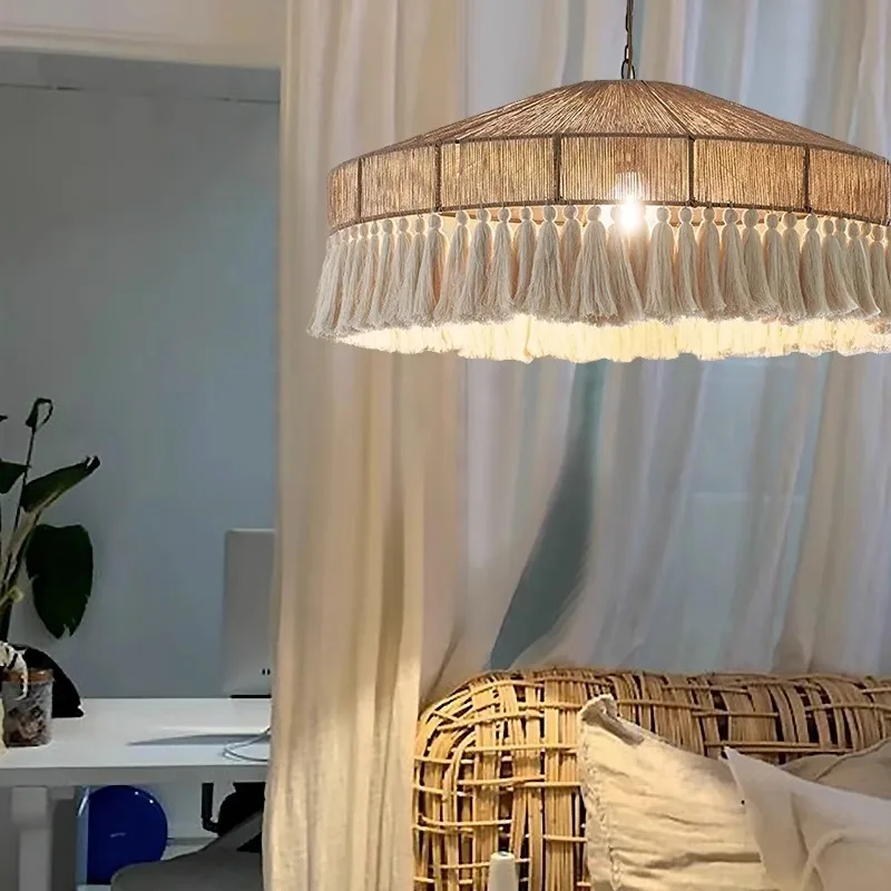 

Vintage living room hemp rope chandelier bohemian fabric tassel creative master bedroom light Japanese dining room light