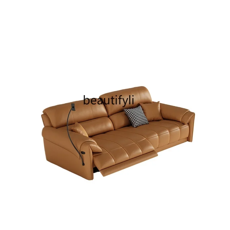 Electric Function Leather Sofa Modern Simple Small Apartment Straight Row Sofa Space First Class Cabin First Layer Leather Sofa