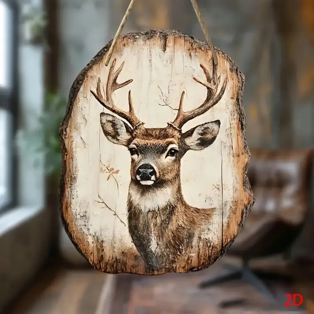 لافتة معلقة خشبية برأس غزال ريفي ثنائي الأبعاد مع توضيح غزال، مناسبة للمنزل والمطبخ والبار وديكور الشرفة والباب، هدية #4