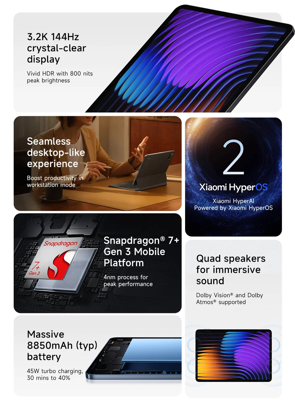 Global Version Xiaomi Pad 7 Snapdragon 7+ Gen 3 Xiaomi HyperOS 2 11.2" 3.2K 144Hz Dispaly 8850mAh Battery 45W Turbo Charging