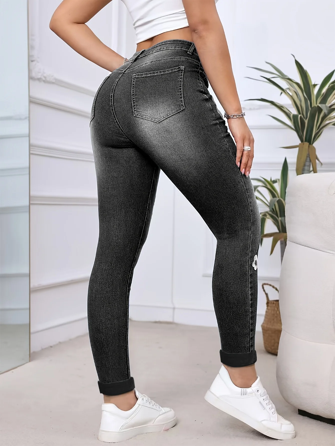 Y2k Jeans For Woman High Waisted Floral Embroidery Skinny Stretch Denim Trousers Slim Fit Ankle Length Elegant Female Pants