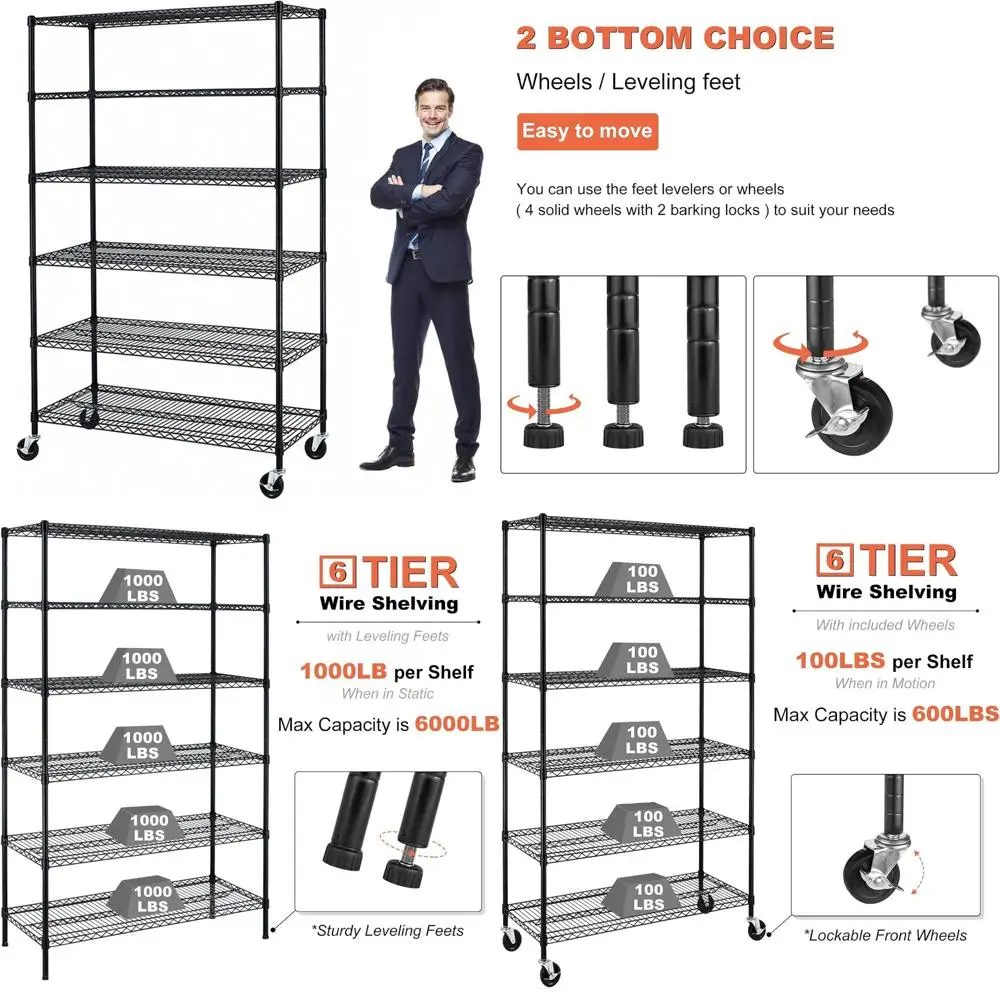 Commercial Heavy Duty 6000 lbs Capacity Storage Shelves - 6 Tier Adjustable NSF Certified Metal Rack System