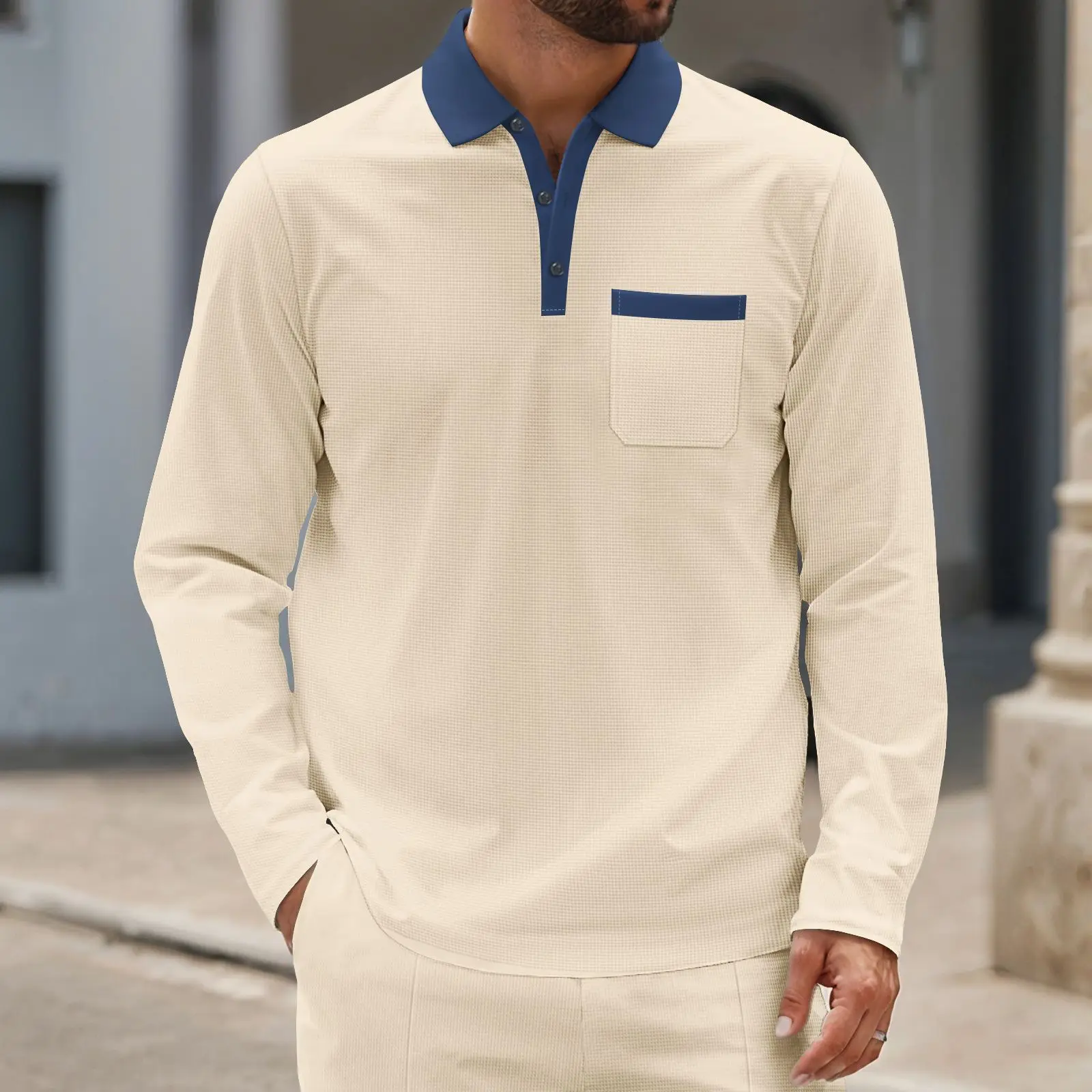 Men's Spring and Autumn Contrast Lapel Casual Business Large Size Cross-border Long Sleeve POLO Shirt cw51000