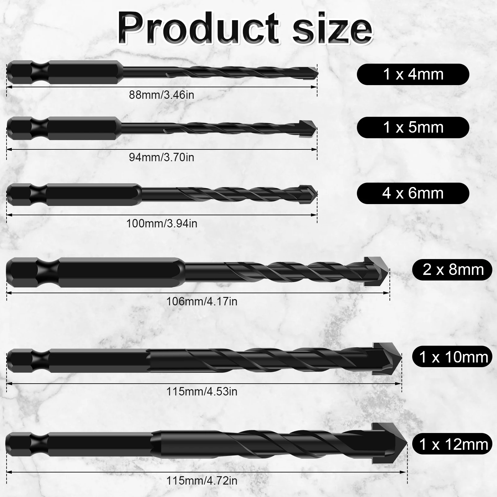 Juego de brocas para mampostería, vástago hexagonal de acero de alta velocidad de 4/5/6/8/10/12mm, juego de brocas para hormigón, taladro de