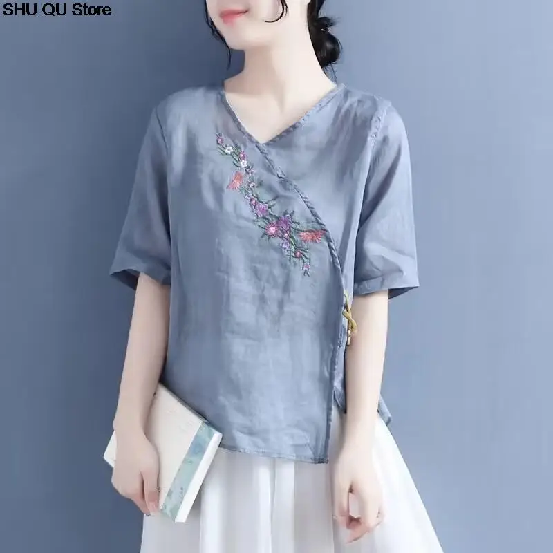 

New 2024 women clothing flower embroidery tops tang costume chinese style shirts traditional cheongsam blouse for lady female