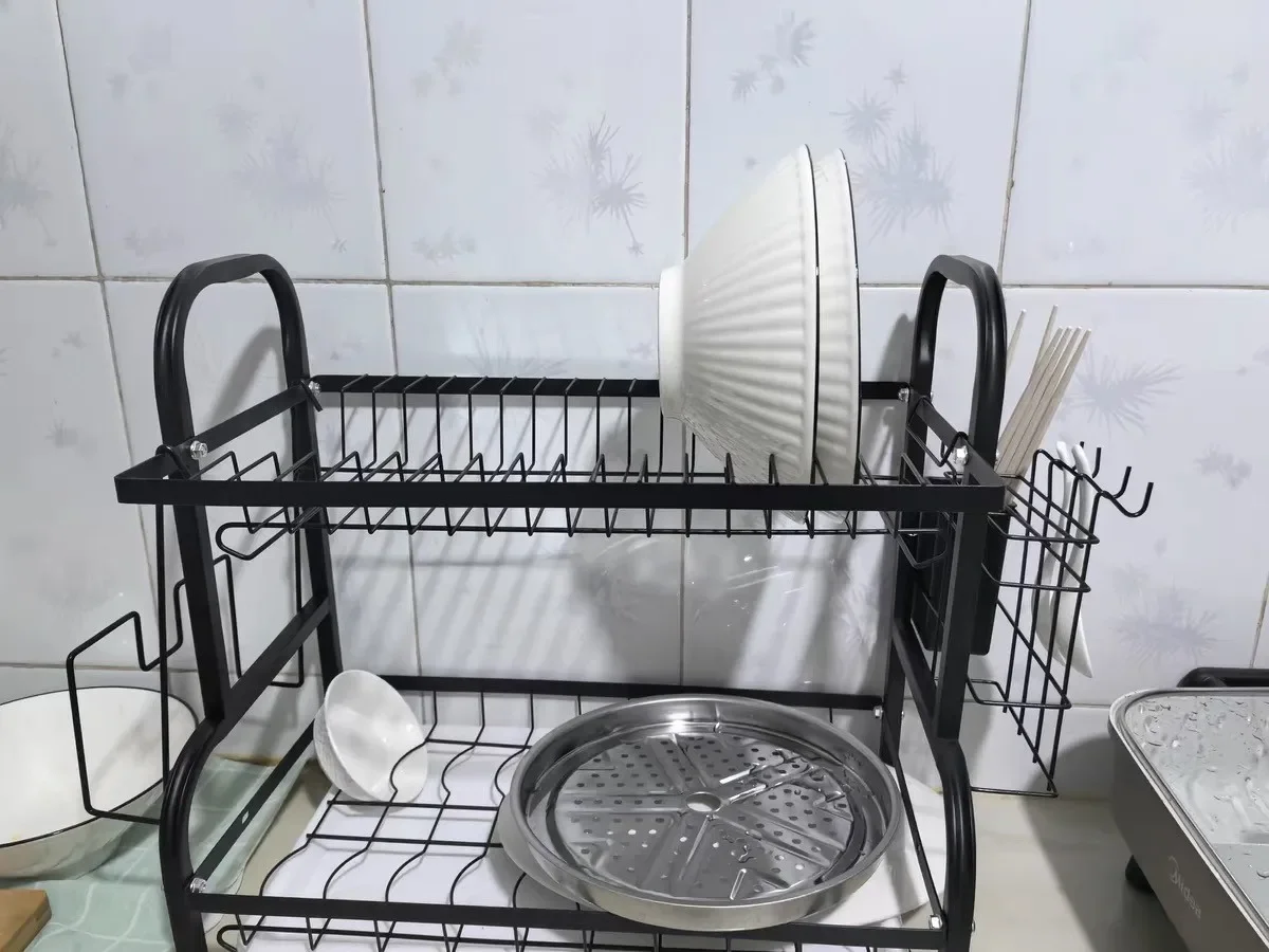 yes2 Tier Dish Drying Rack Self-Draining, Carbon Steel Kitchen Dish Rack with Cutlery & Cutting Board Holder for Compact Counter