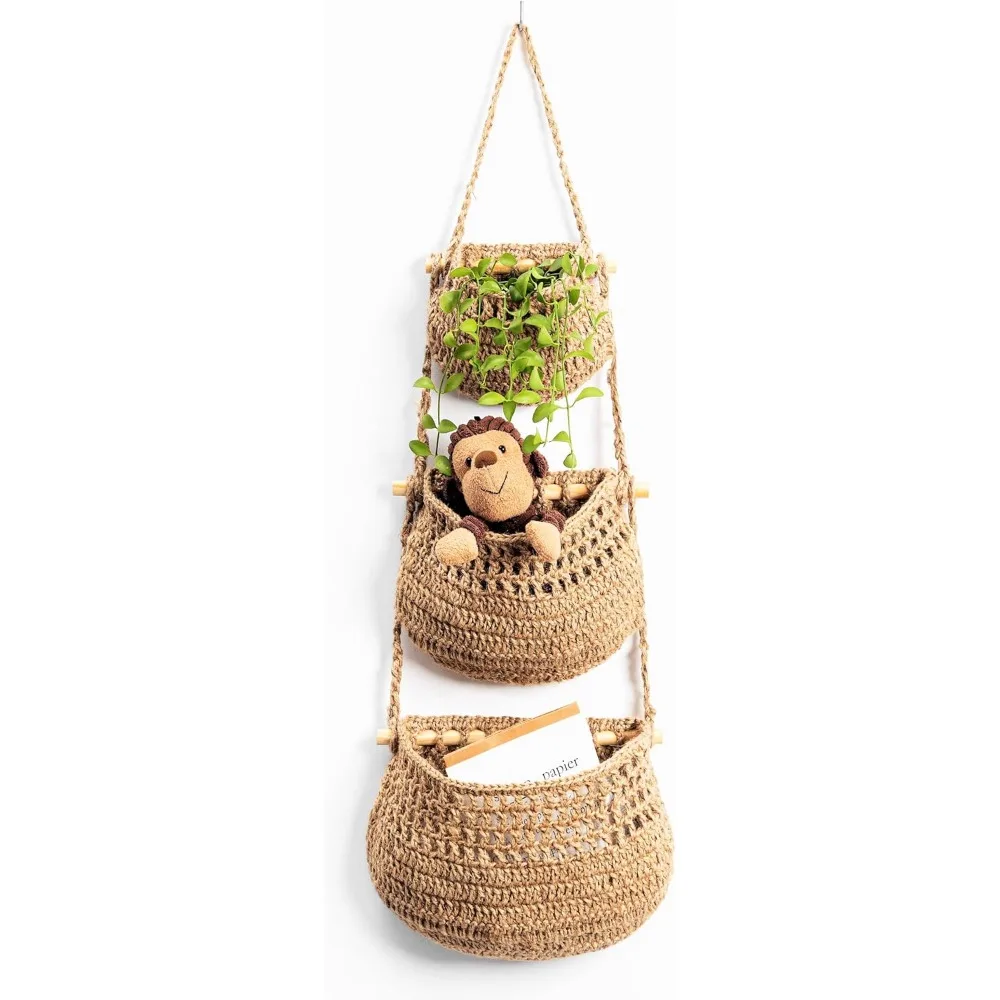 

Hanging Fruit Basket, 3 Tier Woven Jute Wall Hanging Basket for Organizing, Hanging Produce Basket for Fruit & Vegetable Storage