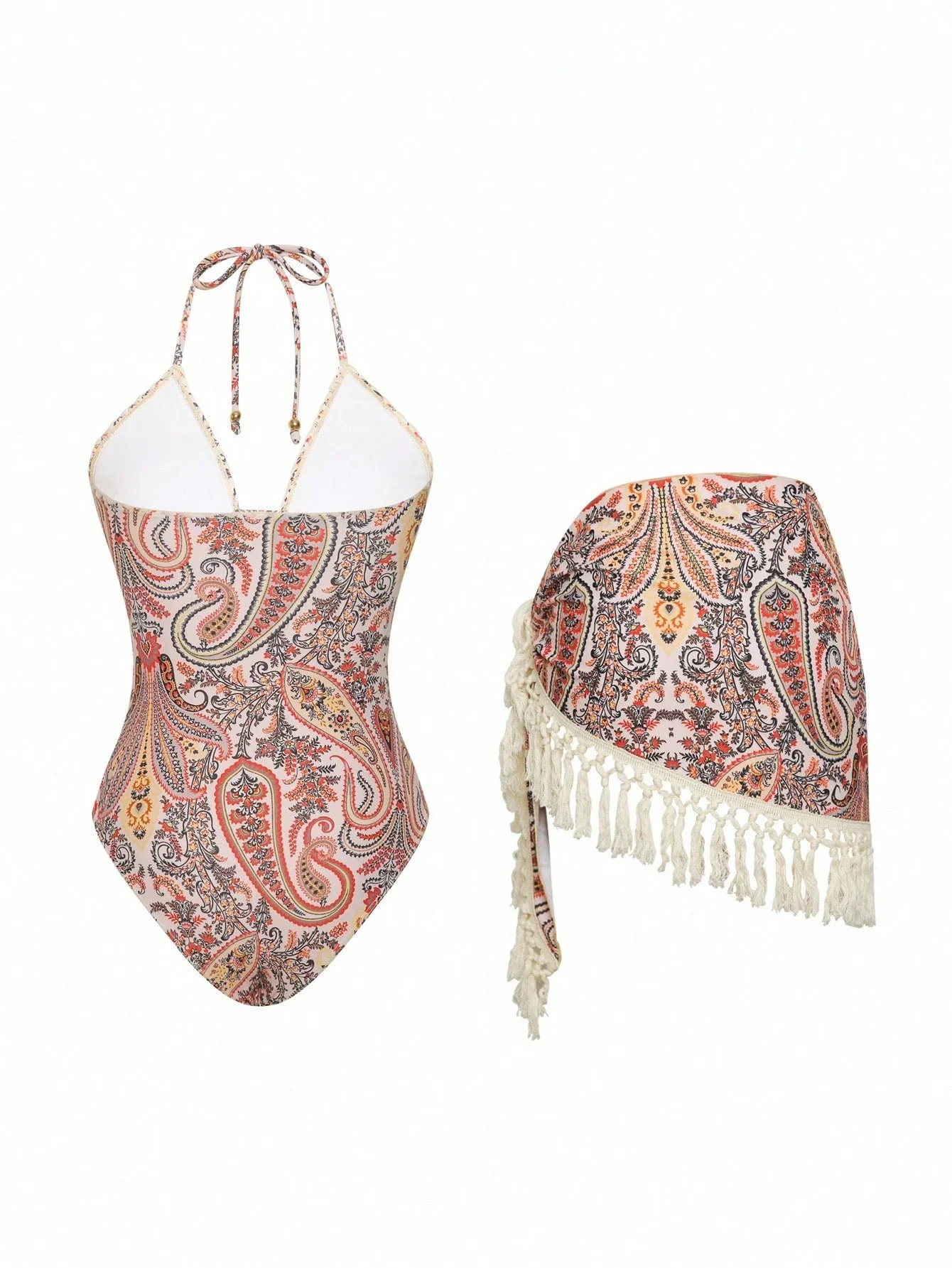 

Paisley Print Deep V Halter Monokini With Tassel Cover Up Skirt Women Swimsuit