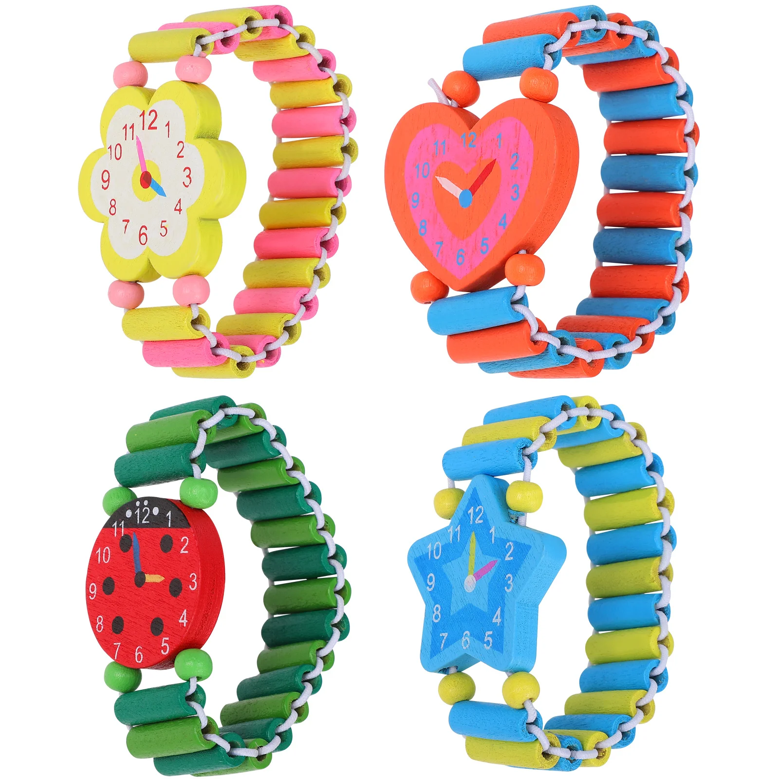 4Pcs Kids Wooden Cartoon Watch Wristband Creative Stretchy Band for Birthday Party Favors Baby Shower Souvenirs