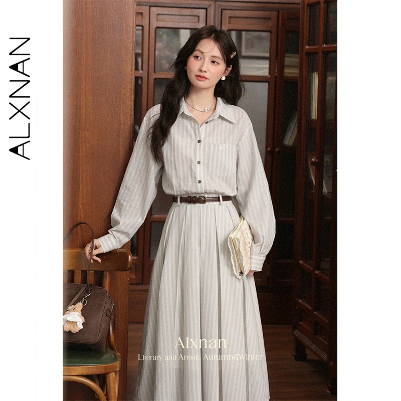 ALXNAN vrouwen Lange Jurk 2023 Herfst Nieuwe Gestreepte Kraag Jurken Lange Mouw A-lijn Elegante Vrouwelijke Kleding L56796