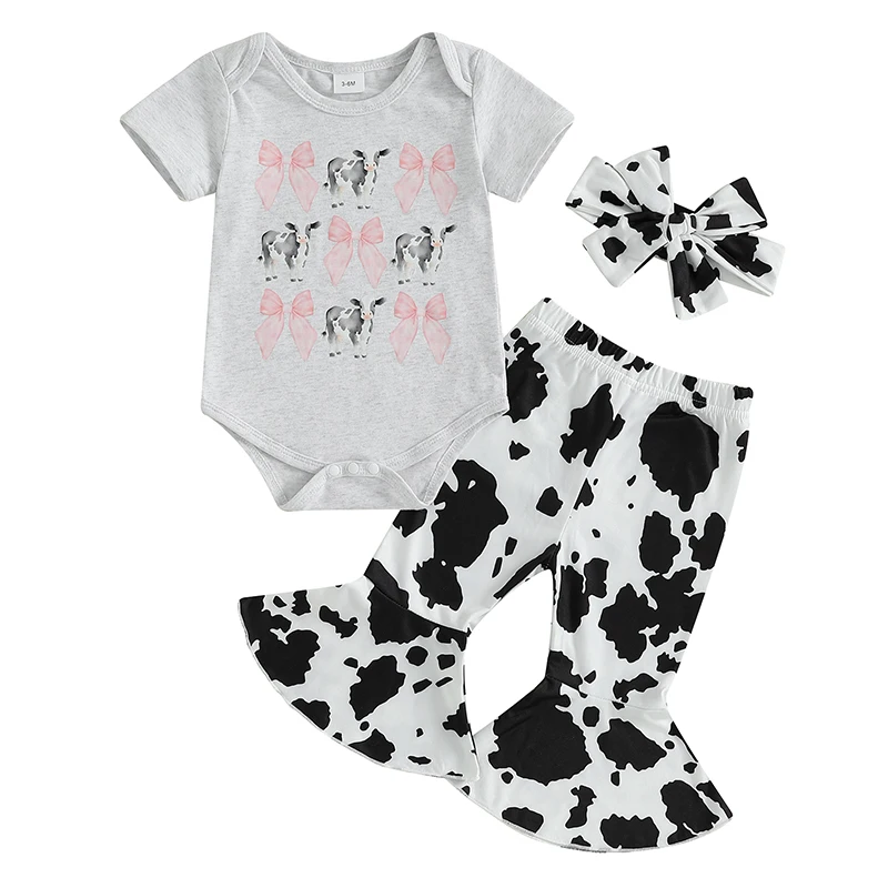 

Baby Girls Summer Outfit, Short Sleeve Bow Print Romper with Cow Pattern Flare Pants and Headband
