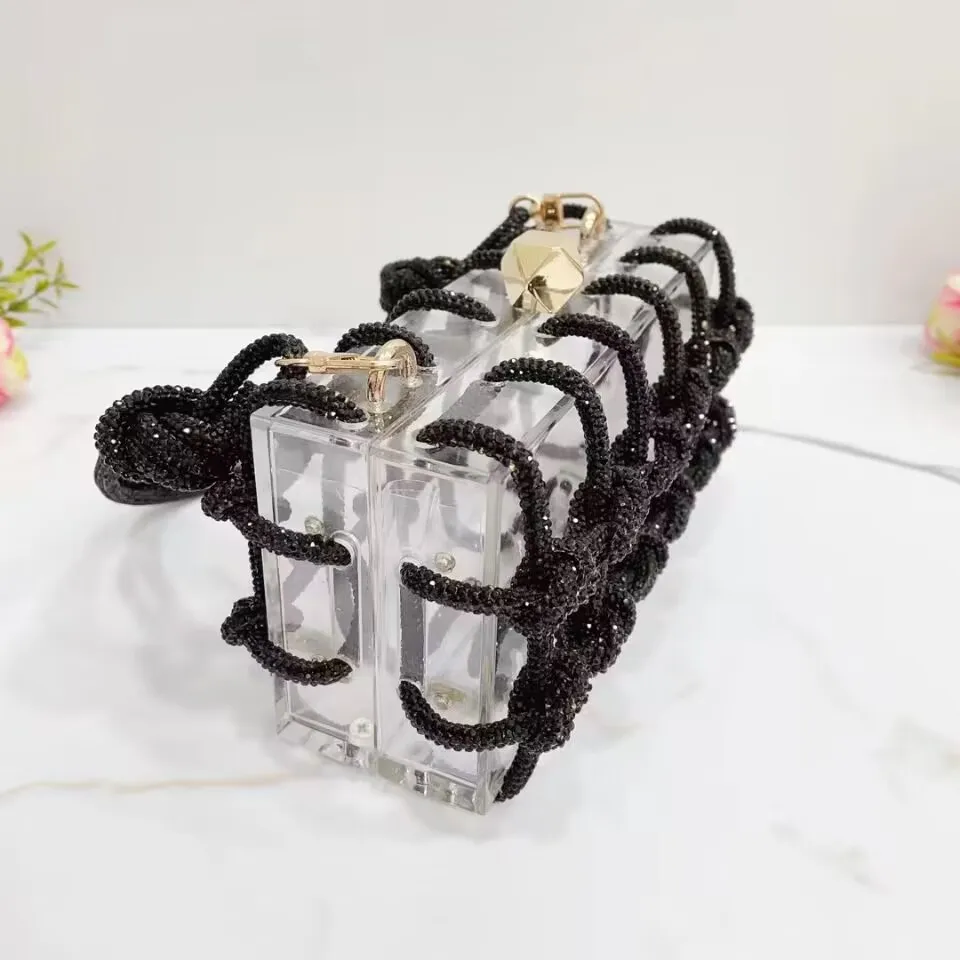 2023 Crystal-Embellished Rope Acrylic Clutch Rhinestones Evening Shoulder Bag Crystal women Luxury Clear Party Wedding Knot Bag