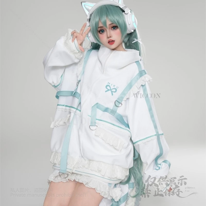 Anime Mikuku Cosplay Kawaii Blue White Full Set Wigs Earphone Coat T-Shirt Dress Socks Roleplay Customized Women Halloween Party - view 4