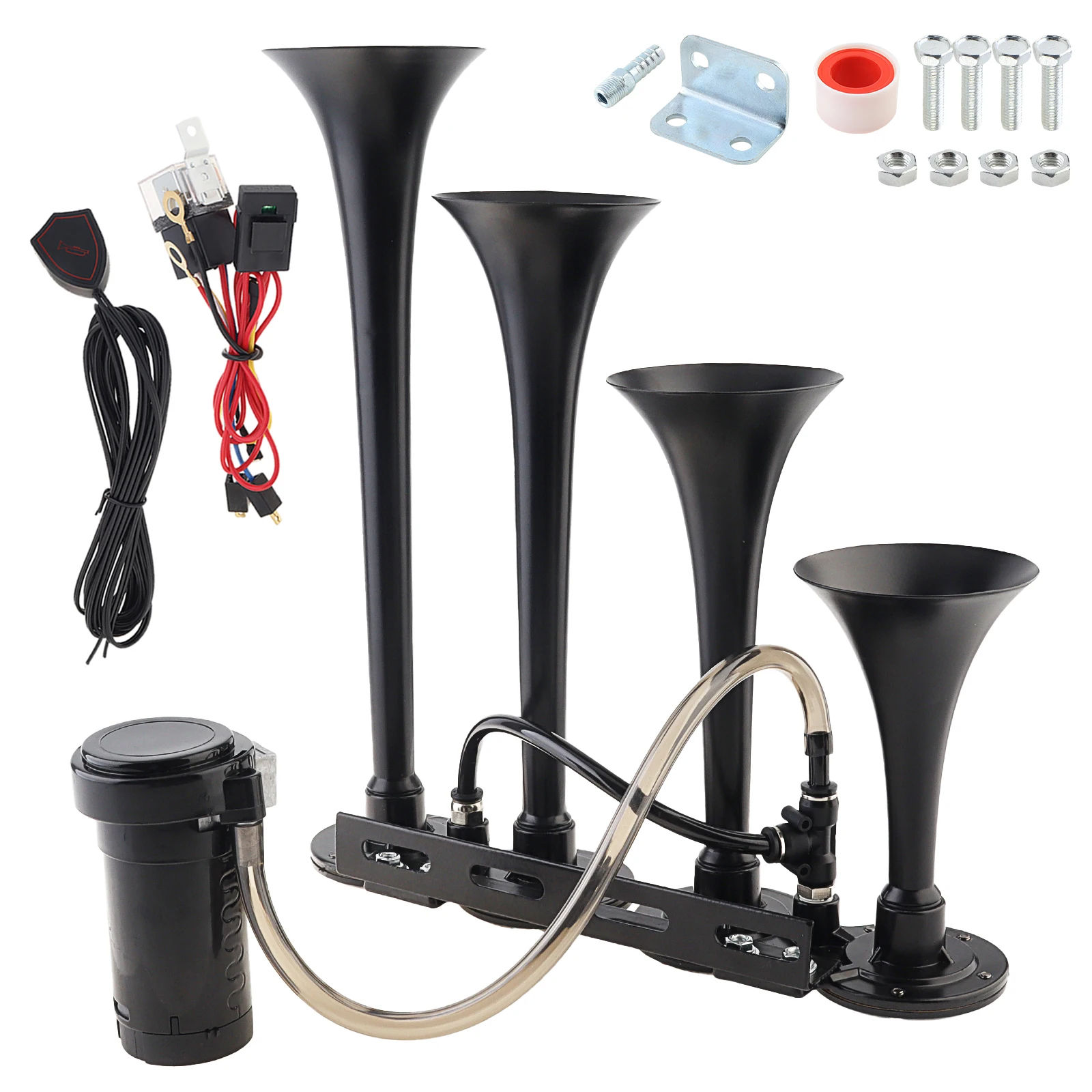 12V 185db Super Loud Four Trumpet Air Horn Fit for Cars / Trucks / Boats / Motorcycles with Compressor and Switch Button