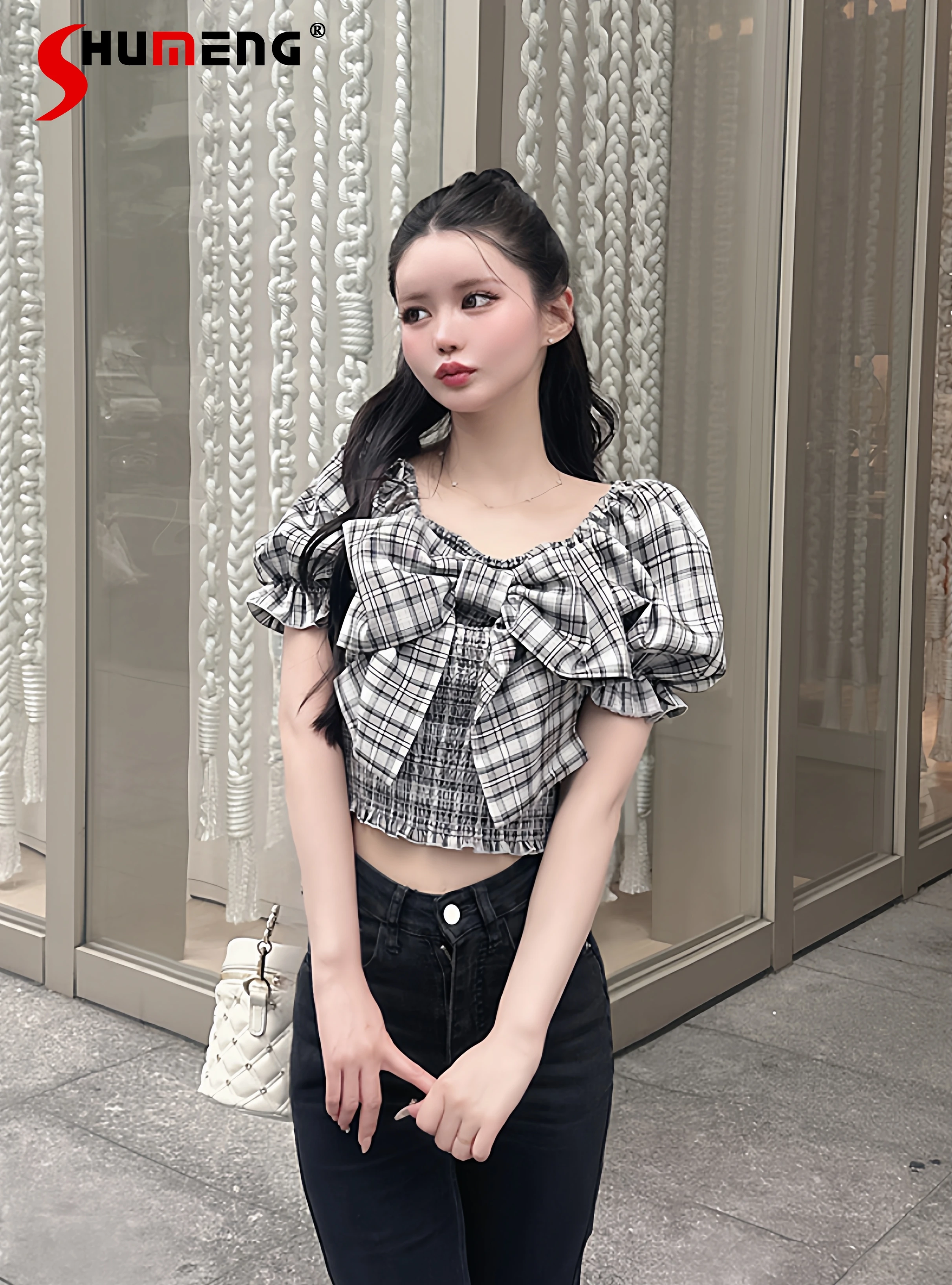 

Japanese Style Elegant Sweet Crop Top Bow Square Neck Off-Shoulder Puff Sleeve Plaid Versatile Casual Short T-Shirt Women Summer