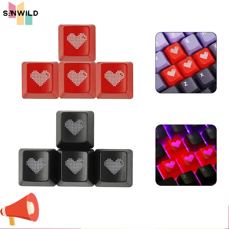 Red Pixel Heart Keycaps Set of Esc Enter WASD Arrow Key Caps for Mechanical Keyboard OEM Profile ABS Material Double Shot