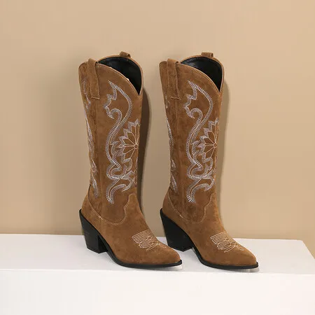 Stile occidentale cucito Totem punta a punta stivali da donna a metà polpaccio tacchi a blocco marrone nero scarpe Casual per il tempo libero per le