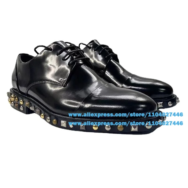 Metal Rivets Trim Men's Shoes Stylish Black Lace-Up Office Dress Wedding Shoes Wear-Resistant Trendy Luxury Handmade Men's Shoes