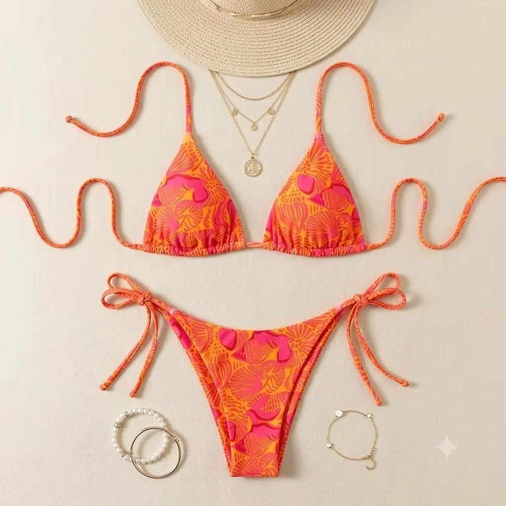 JEWELRY SEN Women Tropical Floral Print Halter Triangle Bikini Set 2-Piece Side Tie Beach Bathing Suit Swimwear