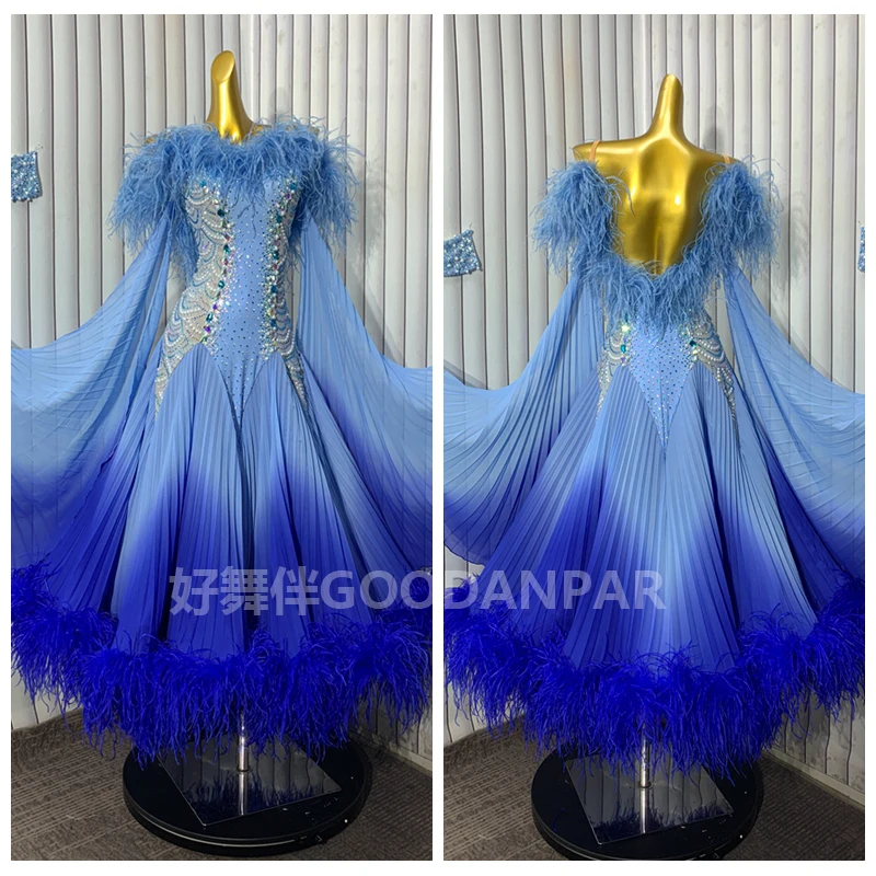 GOODANPAR New Standard Ballroom Dance Dress Women Girls Costume Lycra Waltz Stage ostrich feather gradient fabric