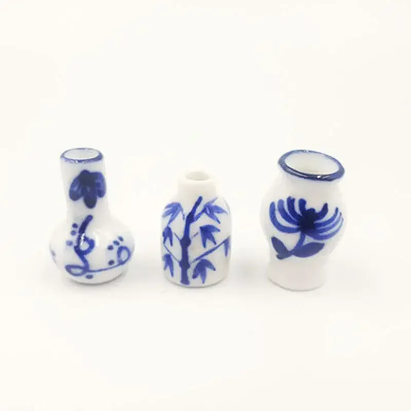 3pcs Mini Blue and White Porcelain Vase DIY Handmade Doll House Kitchen Ceramic Ornament Decora  Dollhouse Miniatures