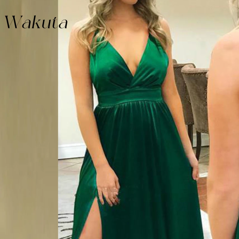 Wakuta Fashion Sexy Deep V Neck Strapless Simulated Silk Maxi Vestidos Elegant Backless Slim Floor-length Cocktail Party Dresses