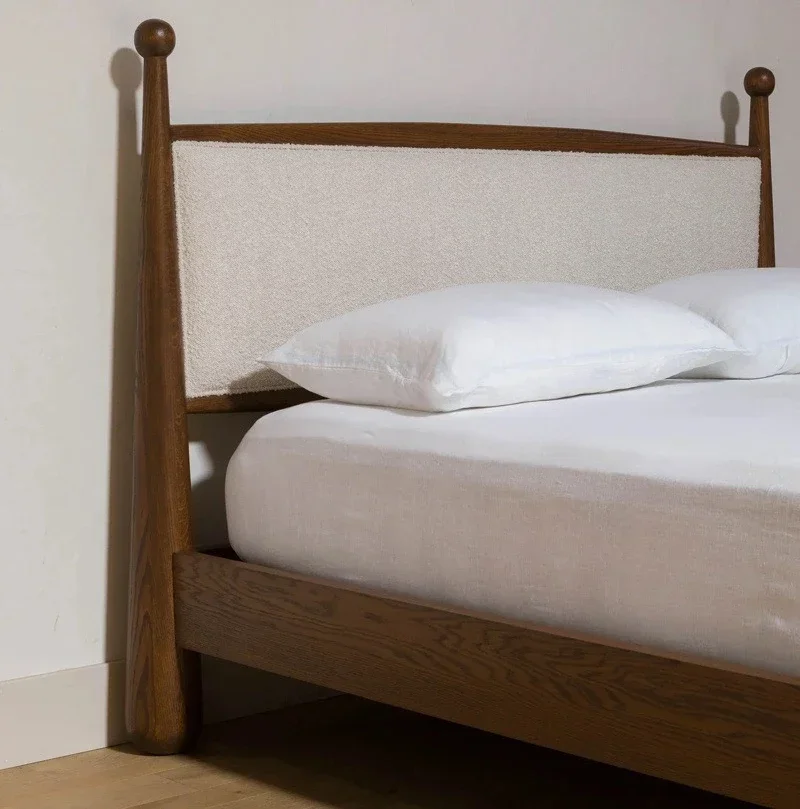Cama de casal retrô americana de madeira maciça 1.8, cama de casal nórdica simples e macia para crianças, estilo wabi-sabi moderno