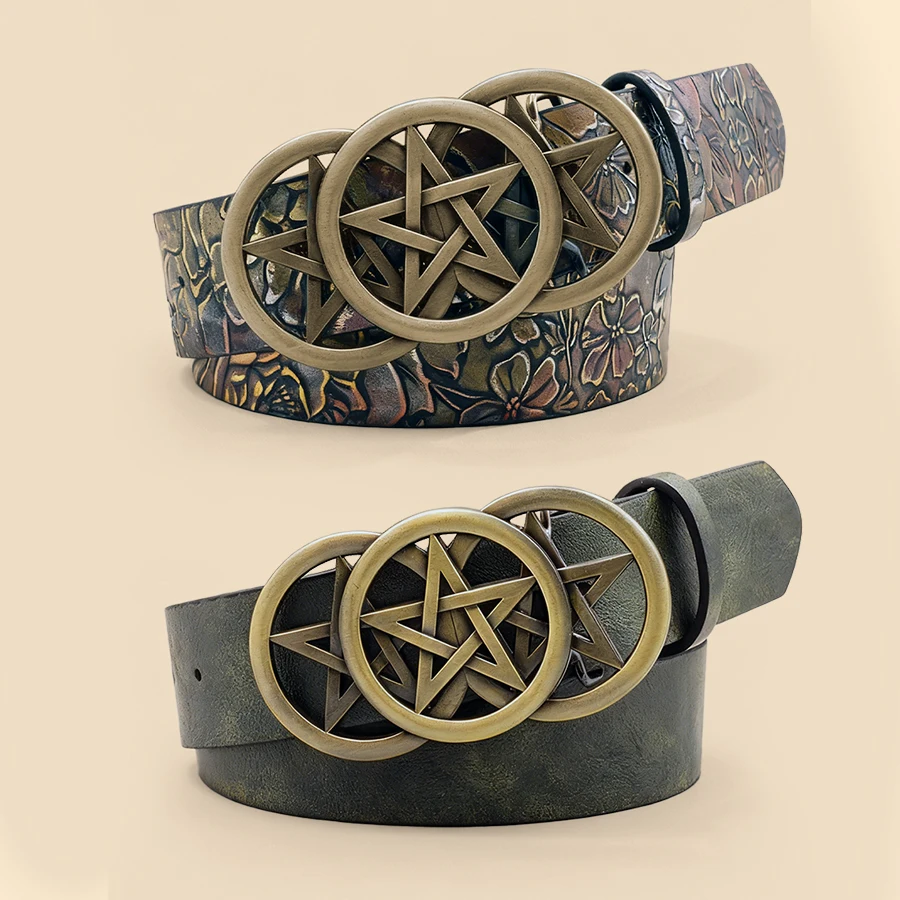Gothic Pentagram Belt Women Vintage Metal Buckle Two-Tone Embossed Waist Cinch Fashion Accessory - view 2