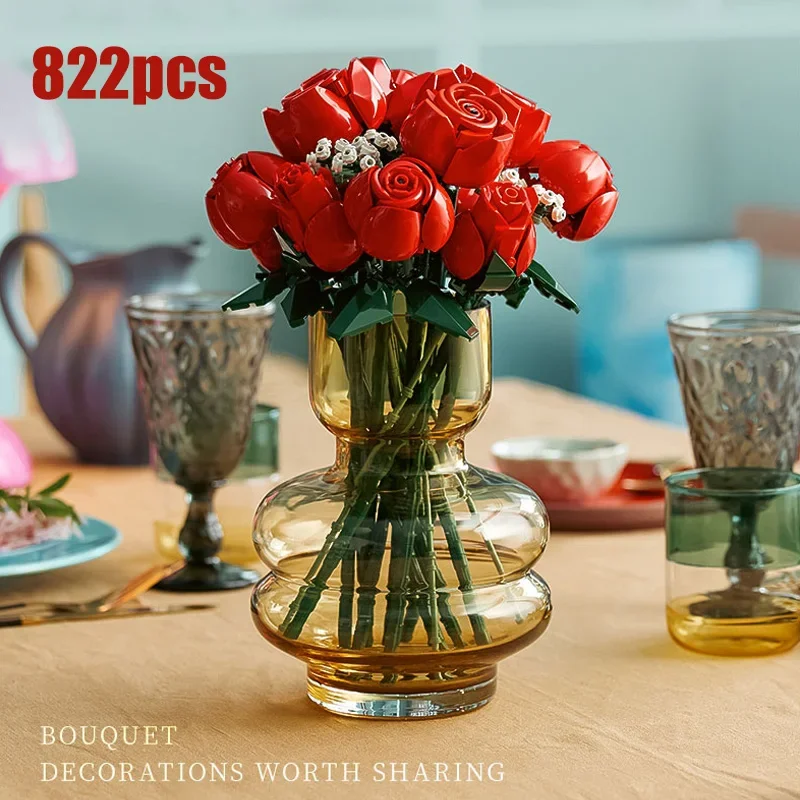 822pcs Eternal Flower Bouquet of Roses Construction Artificial Flowers Building Blocks Toys Bricks Birthday  Gift Home Decor