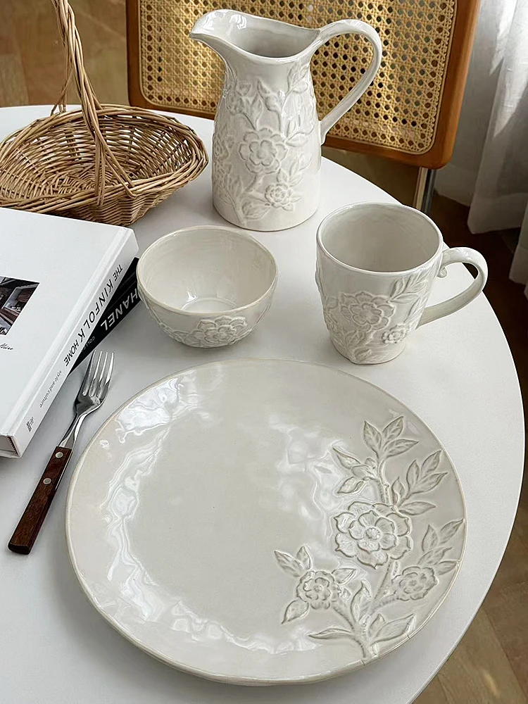 

Набор посуды Anmu Liangpin в винтажном французском стиле: чайник, молочник, тарелки, блюда с рельефным узором «Оливковый цвет», многофункциональный, круглый, из фарфора.