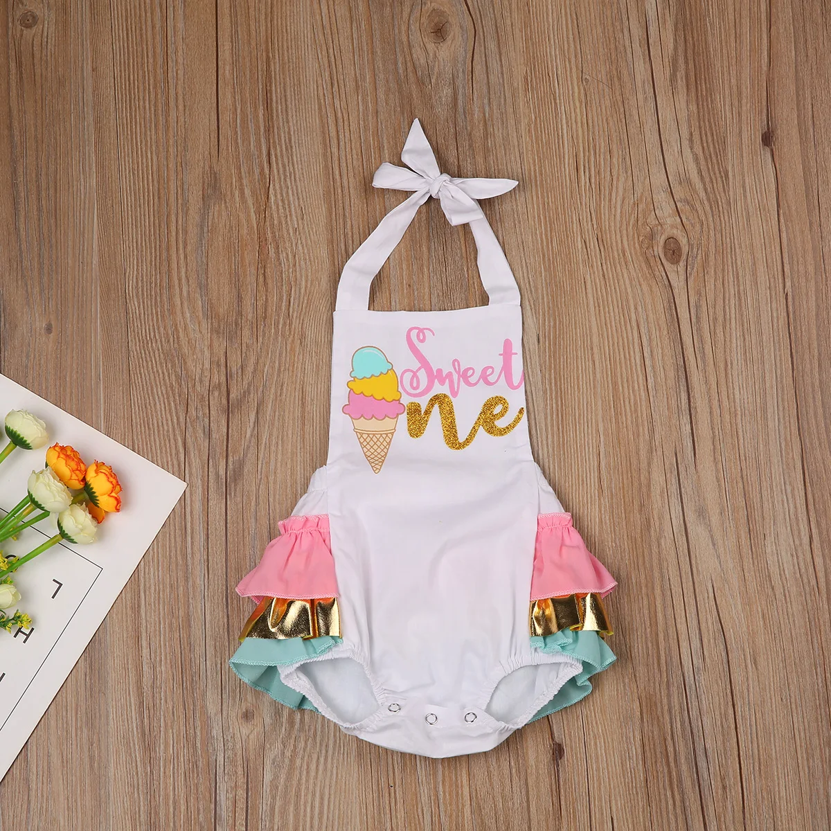 Sedceaty  Cute Baby Girl First Birthday Outfit Halter Romper Ice Cream Cake Smash Bodysuit Sunsuit