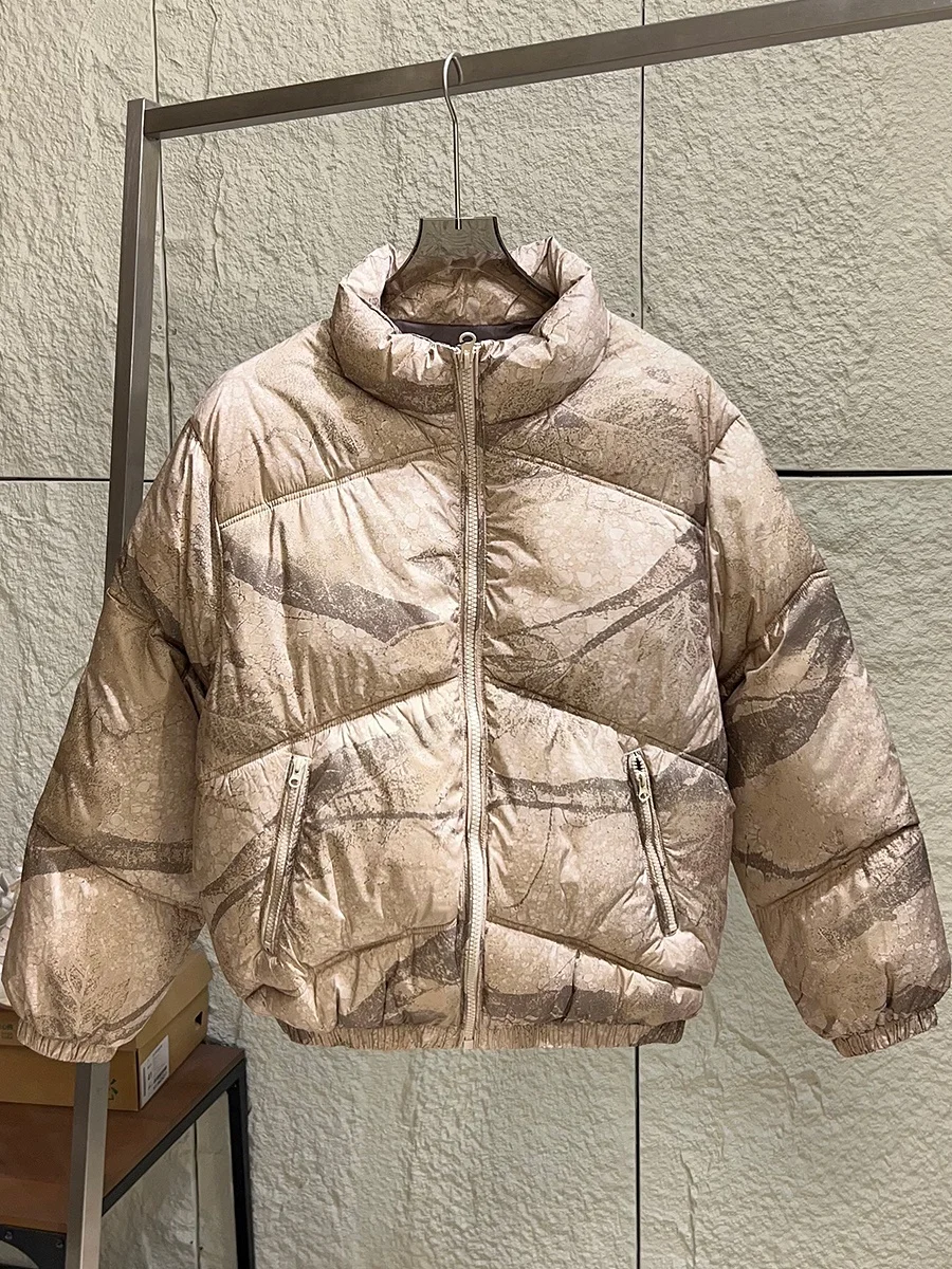 

Artistic Print Men's Thickened Bread Style Cotton Jacket Stand Collar Casual Warm Polyester Fiber Filled Coat for Autumn