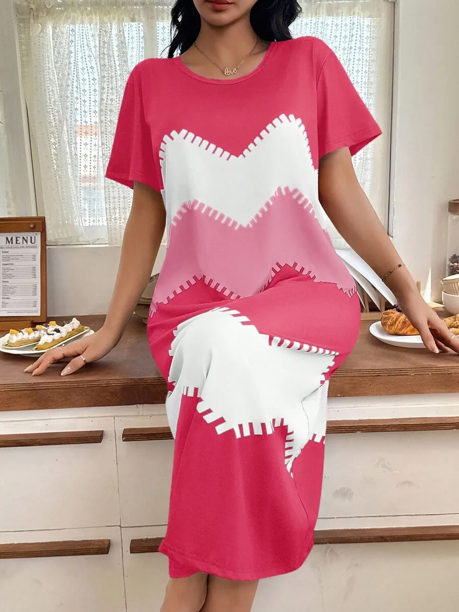 

Womens Short Sleeve Wave Print Casual Nightgown