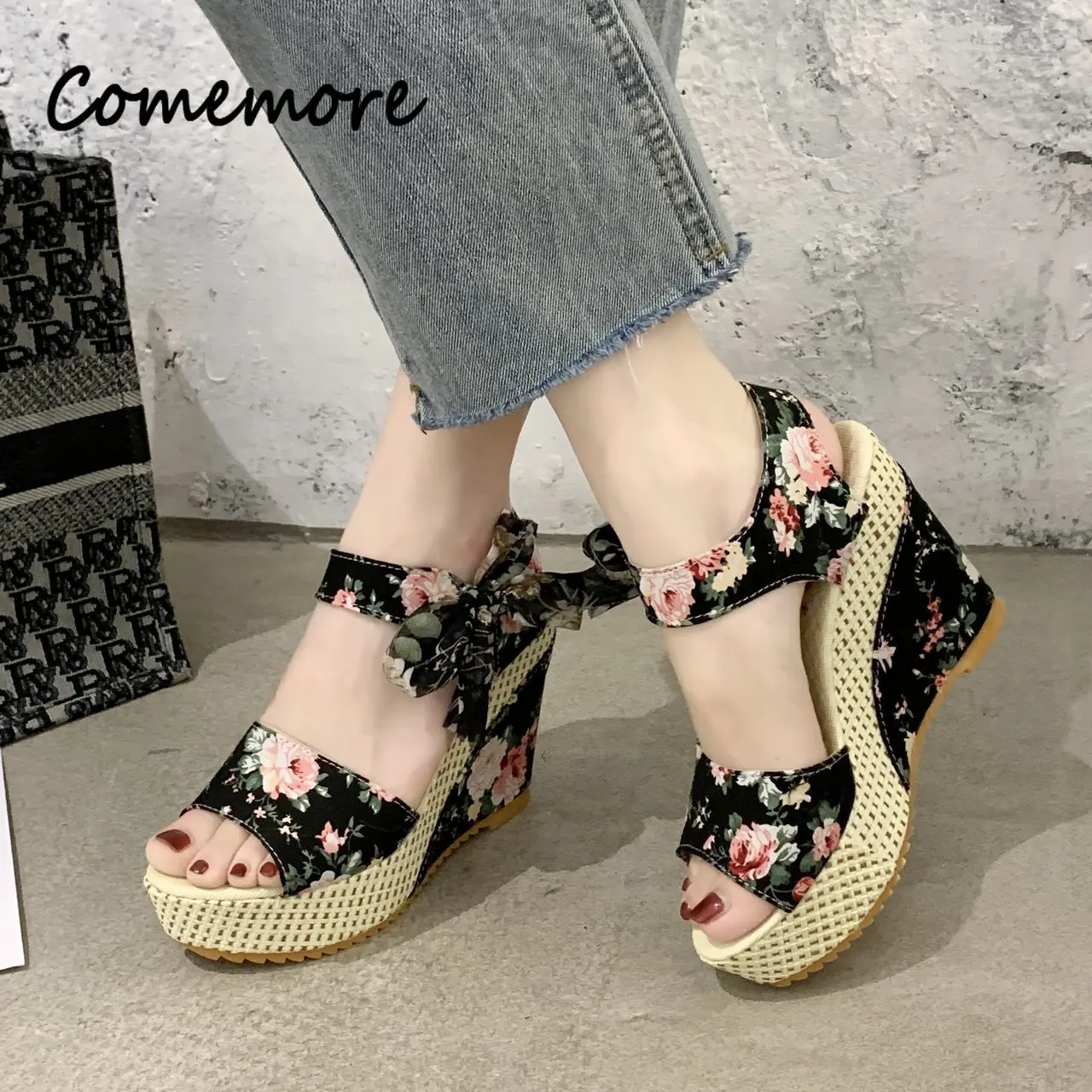 Comemore Summer Slope Heel Printing Fish Mouth Women's Sandals Beach Vacation Pumps  Party Bow Lace Up StrapThick Soled Shoes