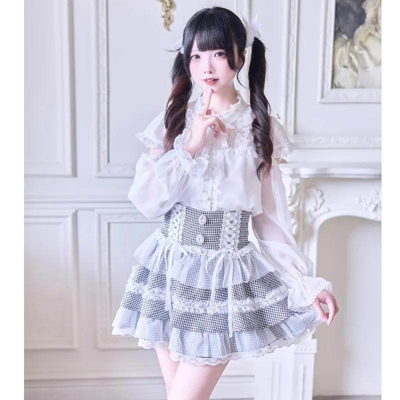 Mass-produced Mine Series Short Skirt Japanese Lolita Original Design High-Waisted Two Sides Strap Water Color Mini Skirts Women
