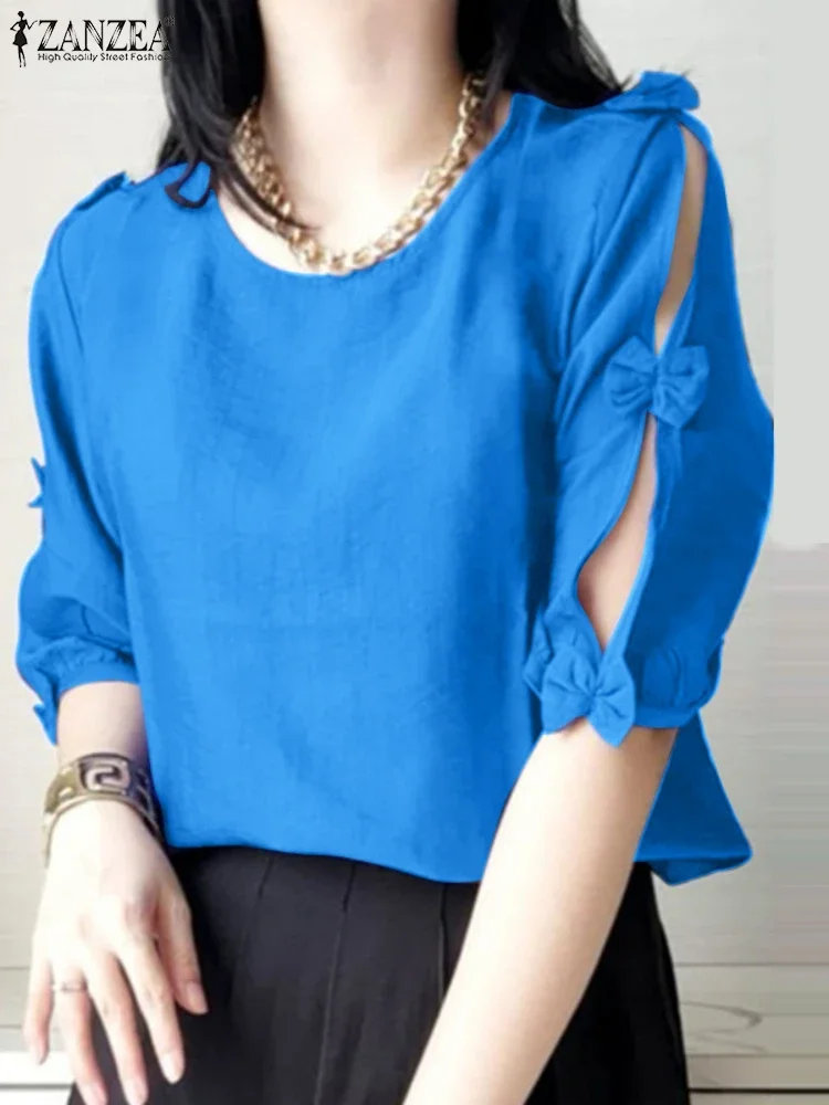 

ZANZEA Women Elegant Office Work Tunic Casual Loose Bow Blouse Tops 2025 Solid Color Fashion O Neck Half Sleeve Loose Blusas