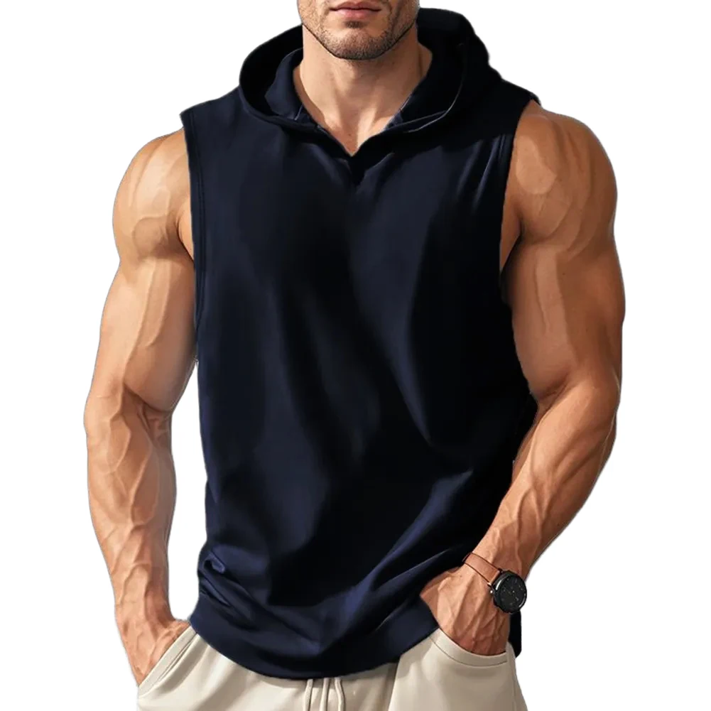 

Hooded Sleeveless Shirt Running Loose Fit Training 2XL Fitness Sleeveless Vest Casual Wear Daily Use Regular Length