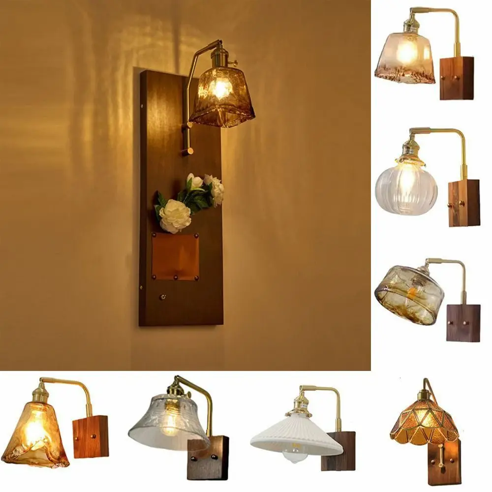 

Modern Luxury Retro Wooden Wall Lamp AC110-265V Walnut Nordic Glass Wall Sconce Flower Arrangement Glass/Ceramic Lampshade