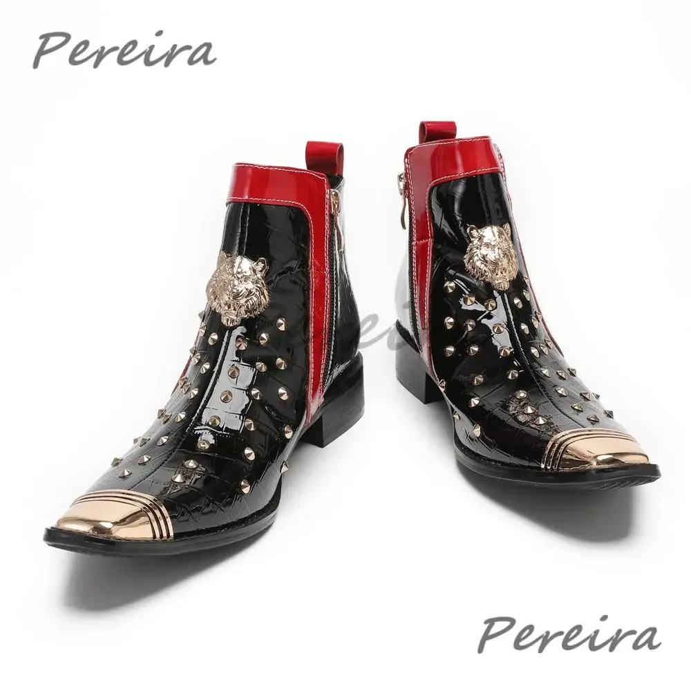 

Metal Decor Rivet Chelsea Boots for Men Golden Square Toe Zipper Patent Leather Ankle Boots British Party Business Dress Shoes