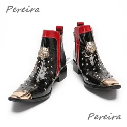 Metal Decor Rivet Chelsea Boots for Men Golden Square Toe Zipper Patent Leather Ankle Boots British Party Business Dress Shoes