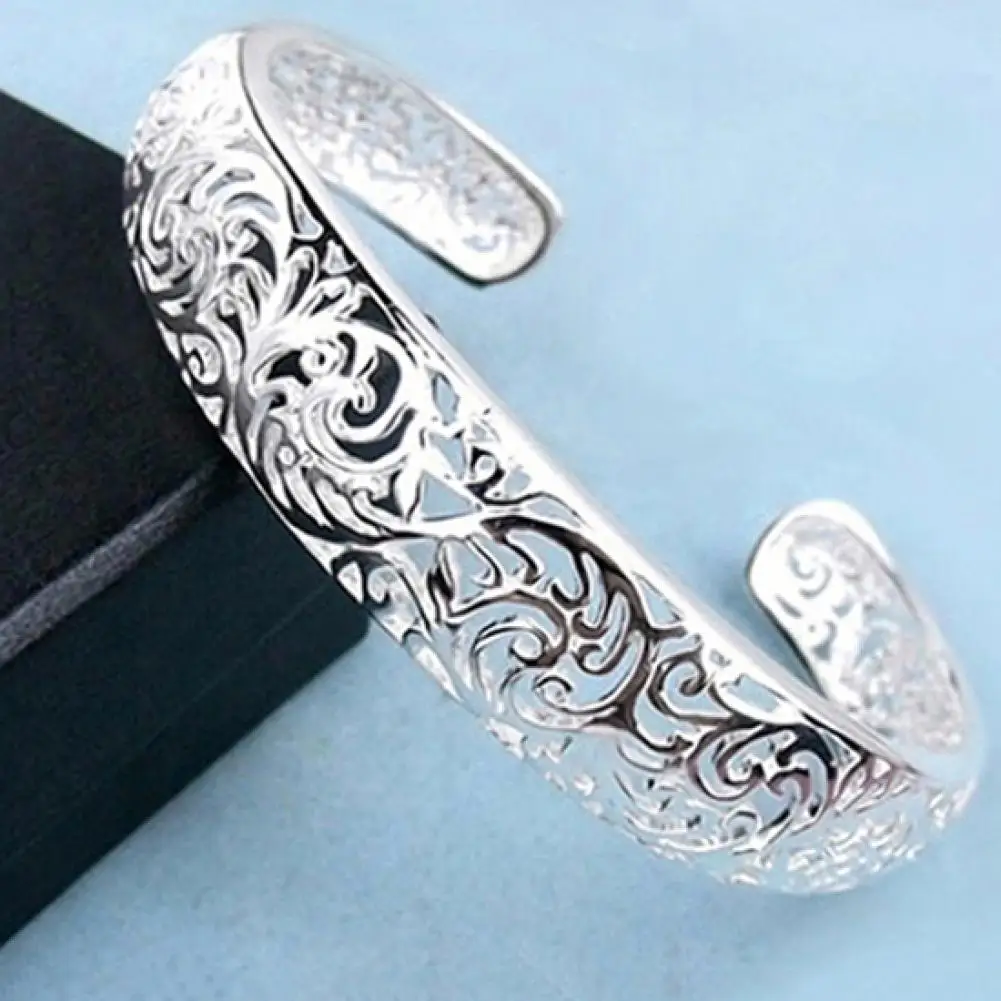 925 Silver Cuff Bracelet Opening Exquisite Hollow Women Bracelet Silver Color Carved Pattern Retro Bangle Party Wrist Jewelry