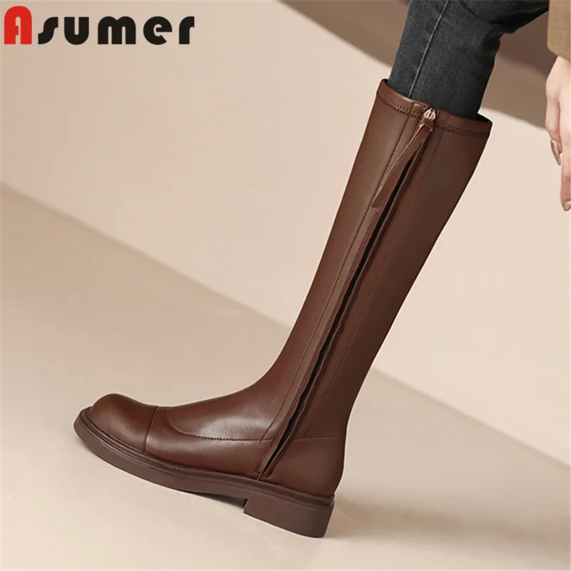 

ASUMER 2024 New Ladies Autumn Knee High Boots Thick Med Heels Platform Shoes Genuine Leather Zipper Women Boots