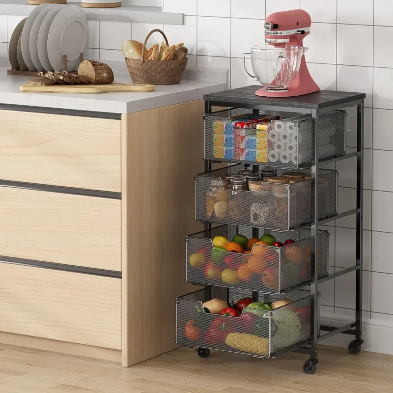4 Tier Rolling Utility Cart Multi Functional Storage Trolley with Wheels for Kitchen Tools Fruit Vegetable Organization