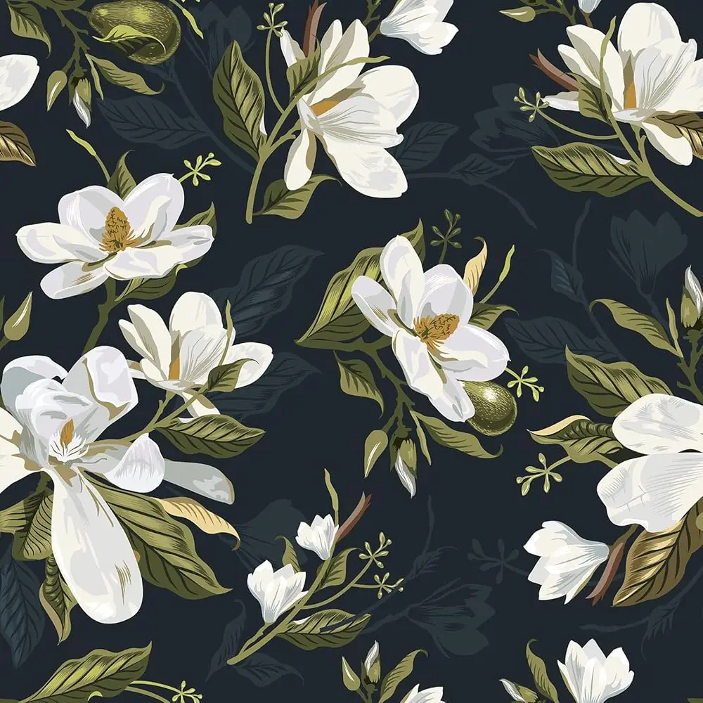 

Bla Floral Wallpaper Gardenia White Large Flower Wallpaper Peel And Sti 24""X118"" Decorative Floral Dark Contact Paper For
