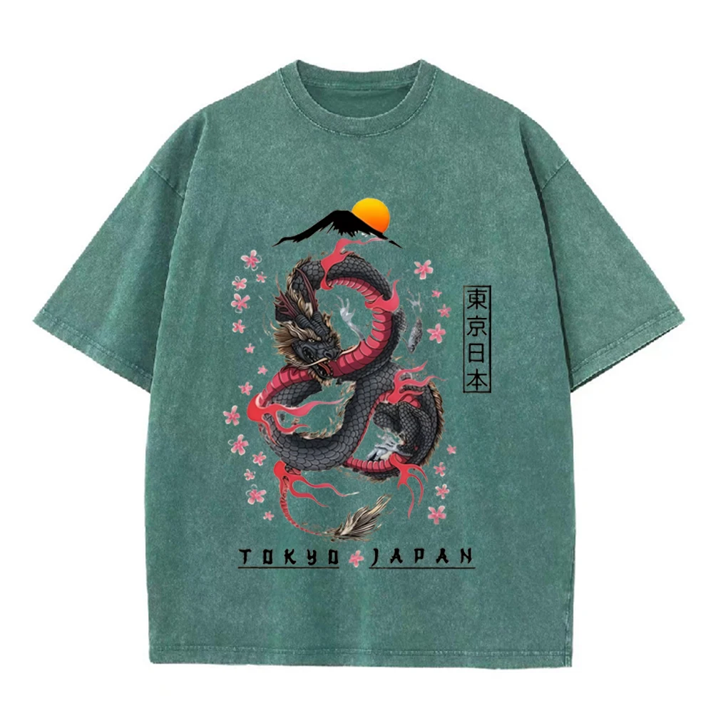 2026 Vintage Washed Beige Japanese Dragon Fuji Mountain Graphic T Shirt Tokyo Cherry Blossom Print Oversized Casual Short Sleeve
