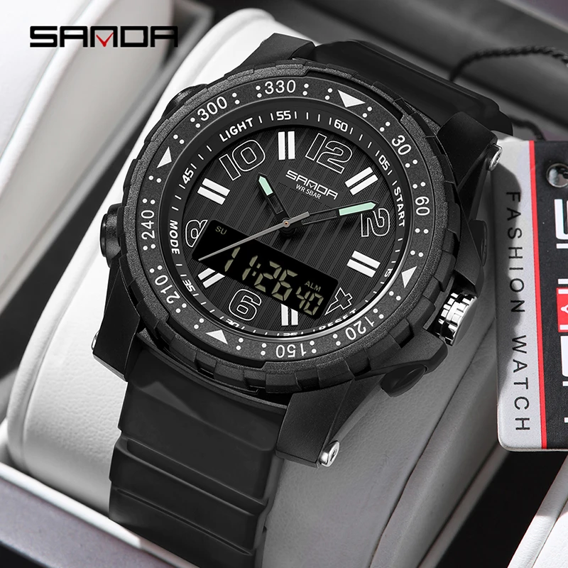 SANDA 3375 Men's Luxury Electronic Watch Dual Display Multifunctional Sports Wristwatch Waterproof LED Backlight Student Watch