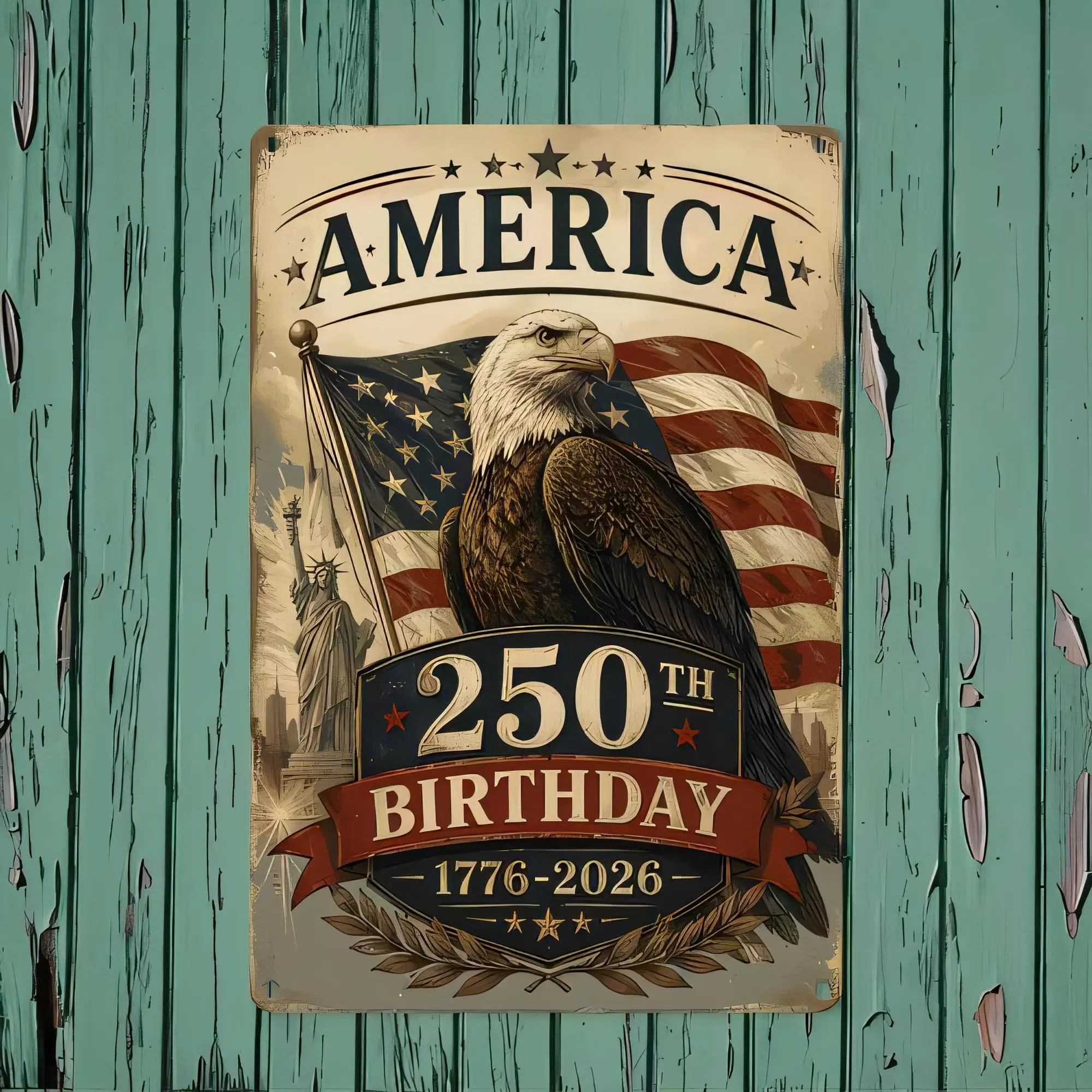Tin Sign America 250th Birthday 1776-2026 Vintage Retro Metal Wall Decor with Bald Eagle Flag Patriotic Poster for Home Bar Gara