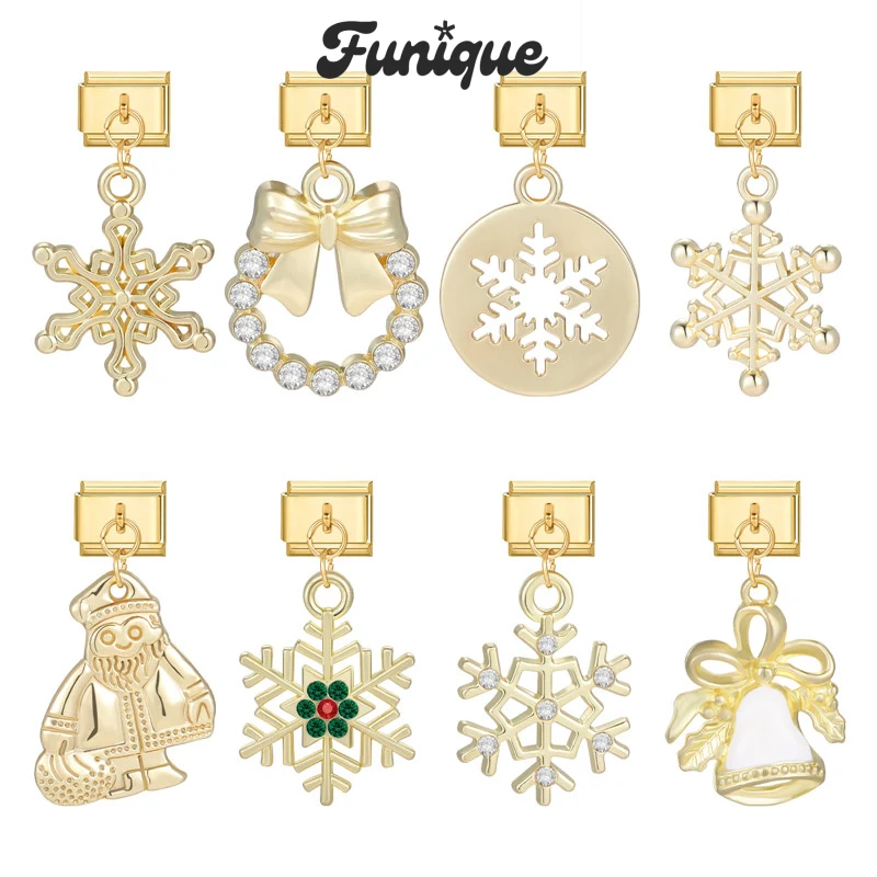 FUNIQUE Christmas Series Bracelet Santa Claus Snowflake Italian Charm Links Fit 9mm Bracelet Stainless Steel DIY Jewelry Making