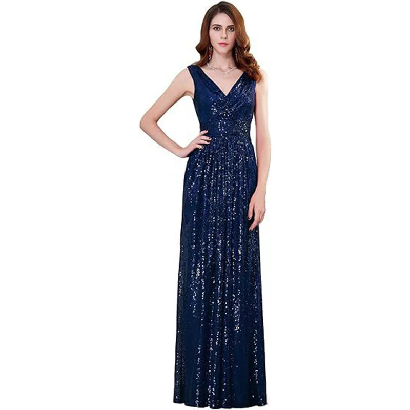 V-neck Sequined Long Evening Dress Banquet Party Ball Dress